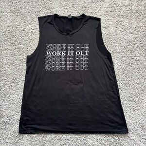 Womens XL Black Sleeveless Workout Tank "Work It Out" Graphic Athletic Gym Stret